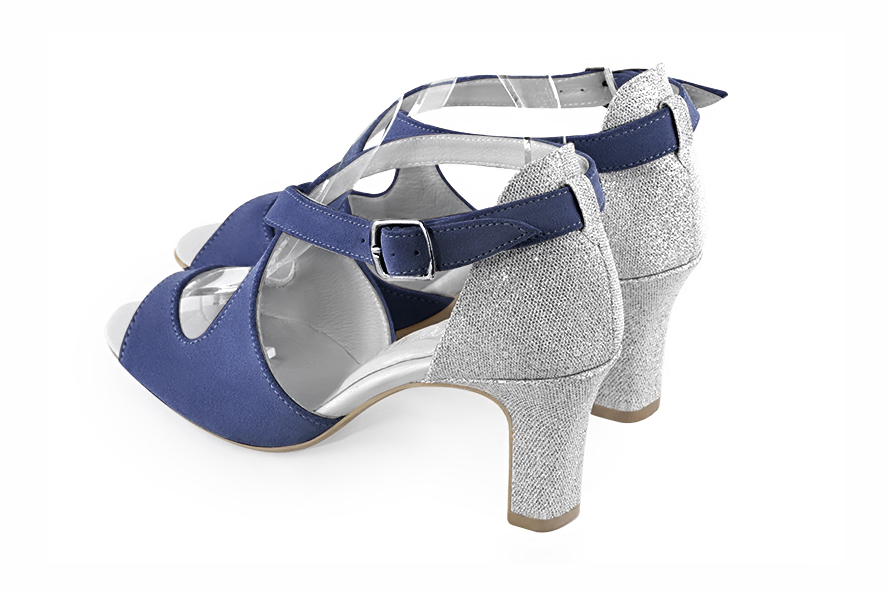 Prussian blue and light silver women's closed back sandals, with crossed straps. Round toe. High kitten heels. Rear view - Florence KOOIJMAN